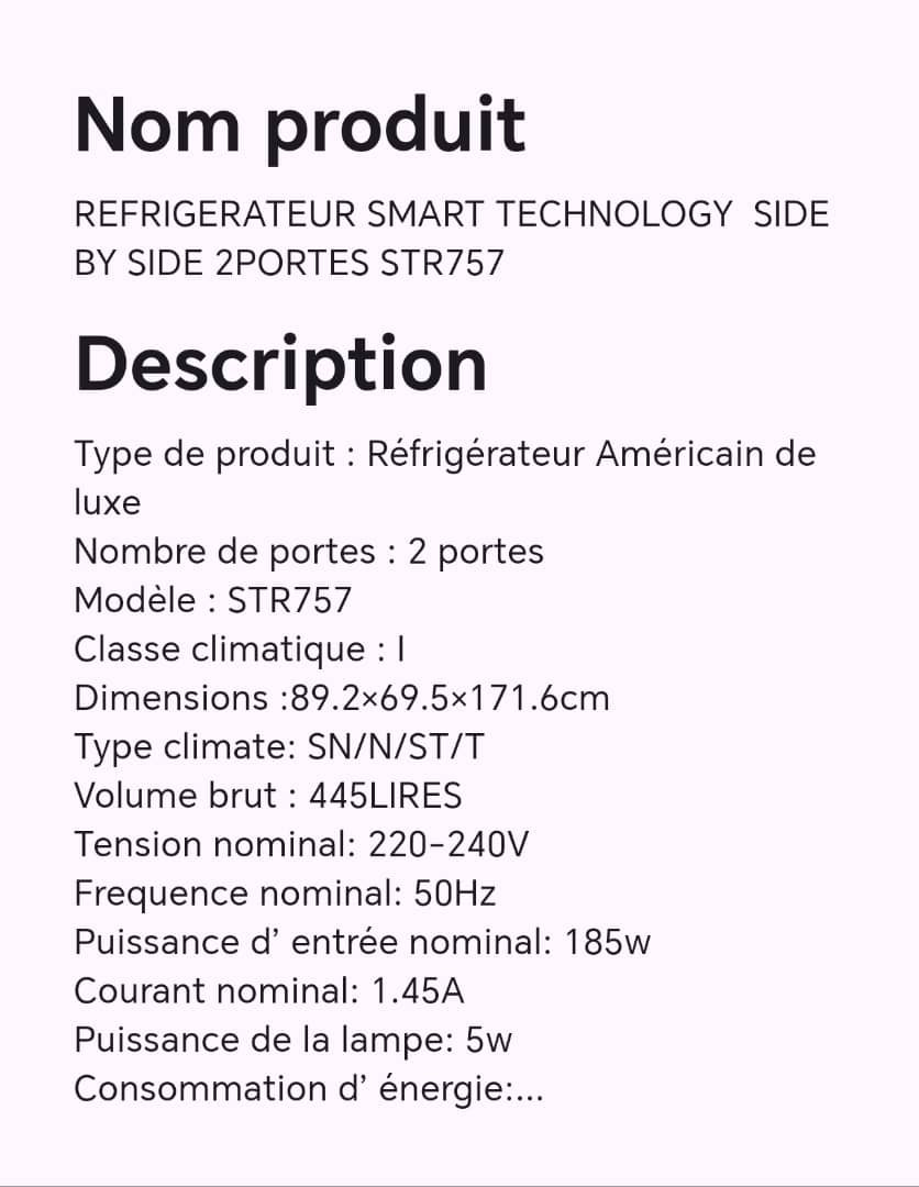 Réfrigérateur SMART technology SIDE BY SIDE 2portes STR757 Réfrigérateur SMART technology SIDE BY SIDE 2portes STR757