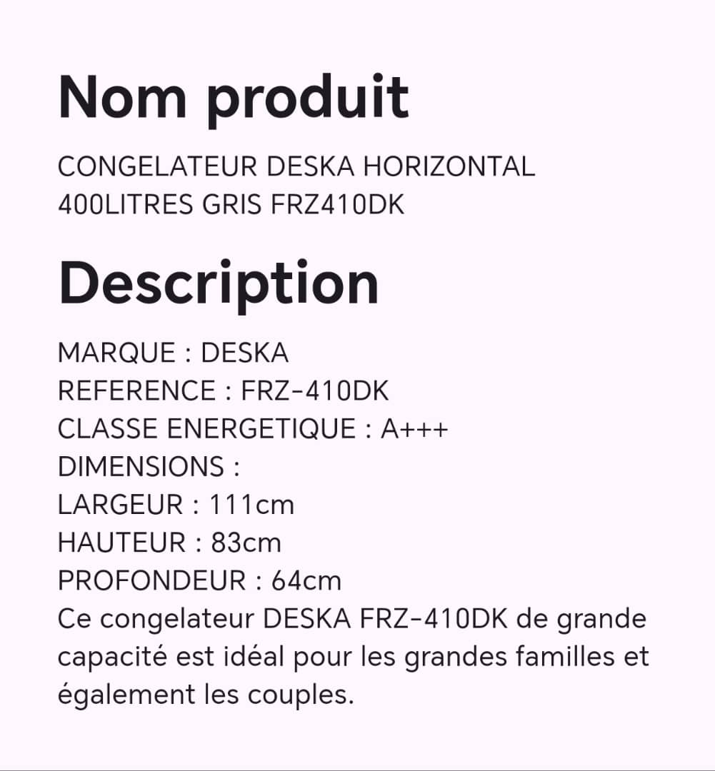 CONGELATEUR DESKA HORIZONTAL 400LITRES GRIS FRZ410DK CONGELATEUR DESKA HORIZONTAL 400LITRES GRIS FRZ410DK