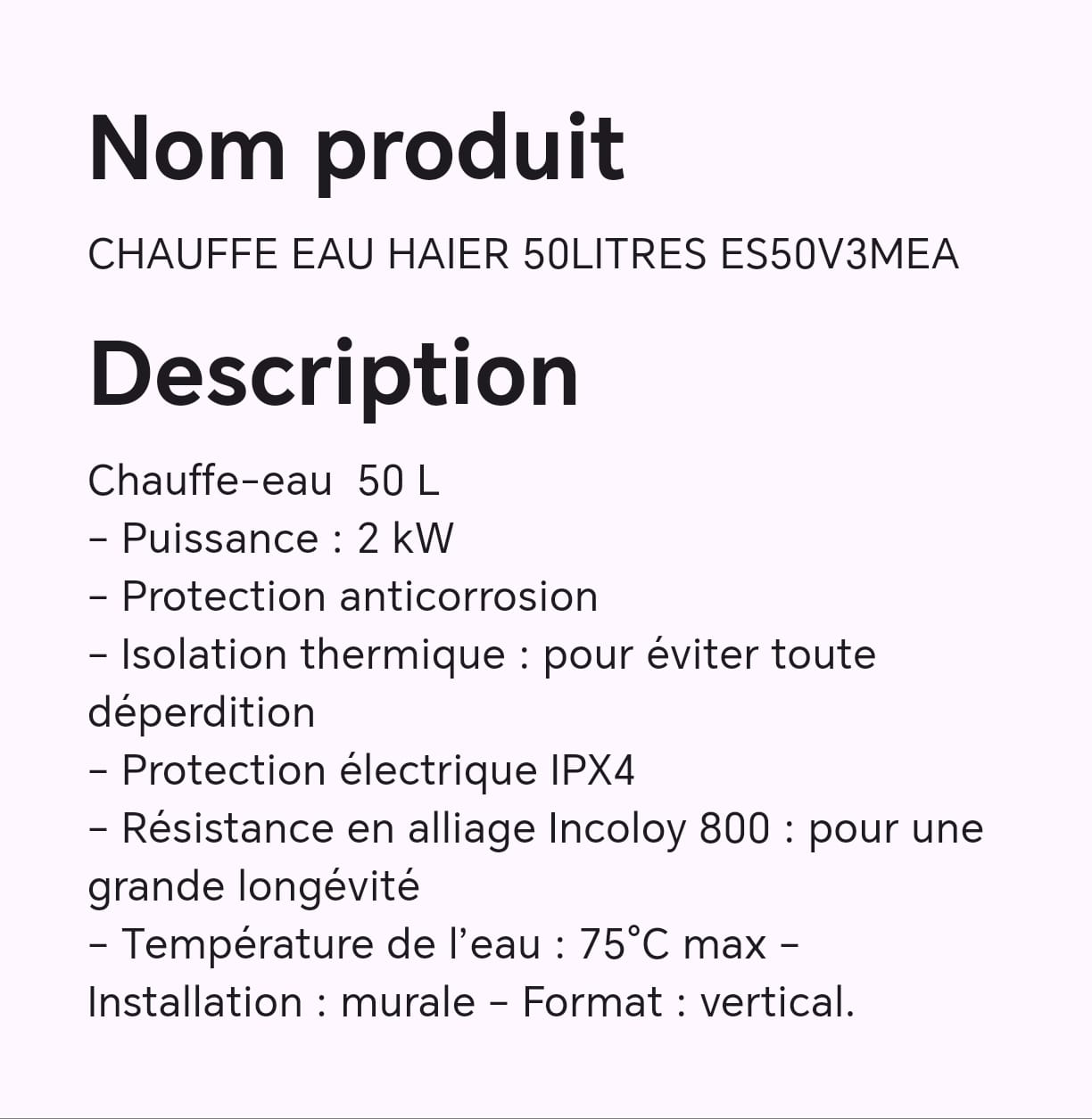 Chauffe eau HAIER 30litres ES50V3MEA Chauffe eau HAIER 30litres ES50V3MEA