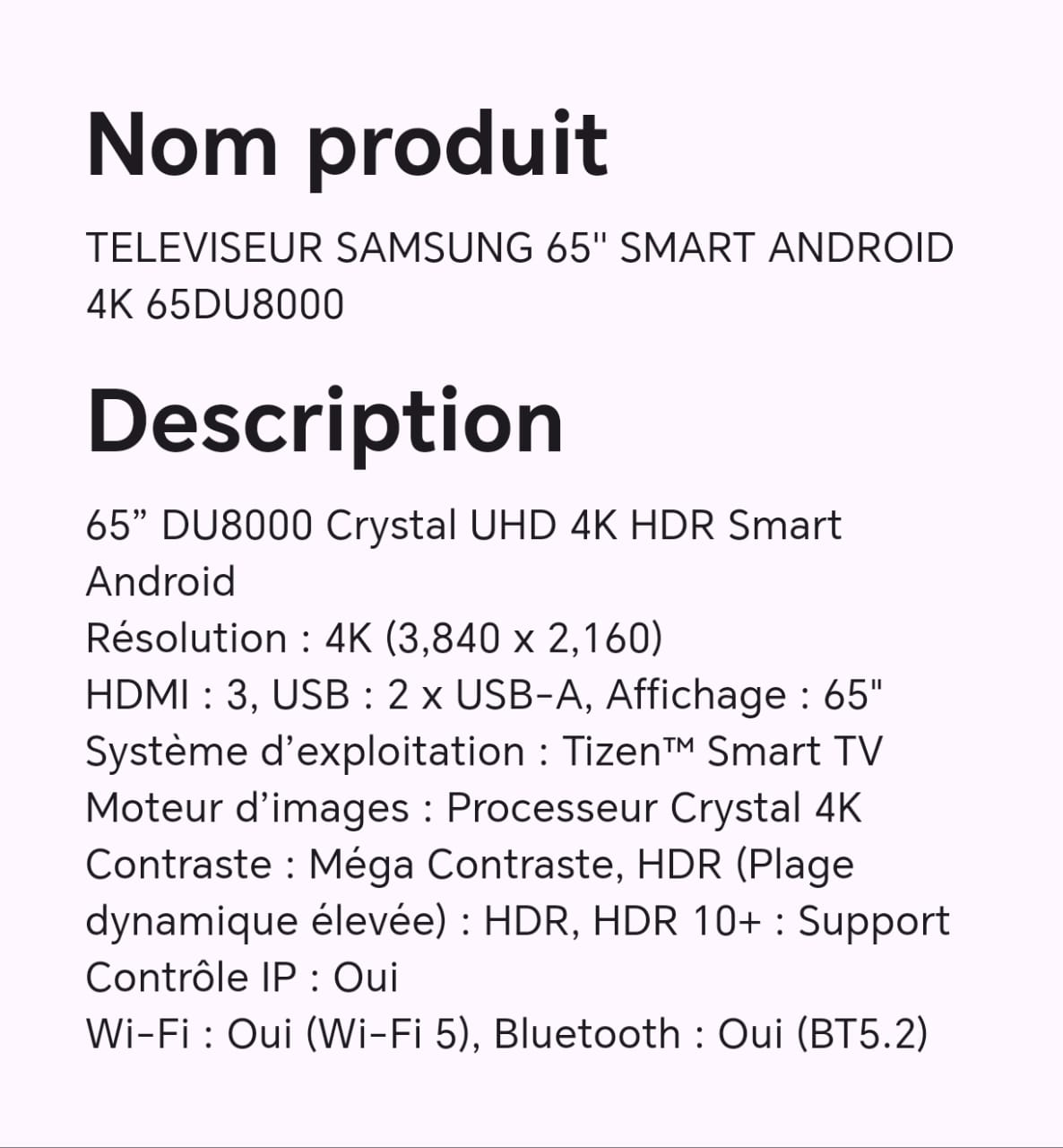 TELEVISEUR SAMSUNG 65" SMART ANDROID 4K 65DU8000 TELEVISEUR SAMSUNG 65" SMART ANDROID 4K 65DU8000