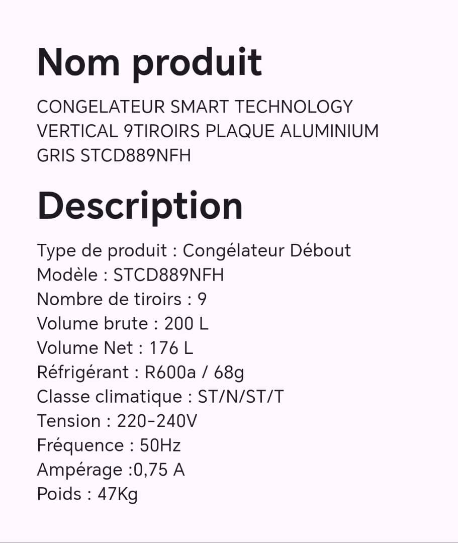 CONGELATEUR SMART TECHNOLOGY VERTICAL 9TIROIS PLAQUE ALUMINIUM GRIS STCD889NFH CONGELATEUR SMART TECHNOLOGY VERTICAL 9TIROIS PLAQUE ALUMINIUM GRIS STCD889NFH