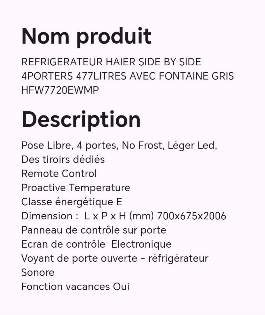 Réfrigérateur HAIER SIDE BY SIDE 4portes 477litres avec fontaine gris HFW7720EWMP Réfrigérateur HAIER SIDE BY SIDE 4portes 477litres avec fontaine gris HFW7720EWMP