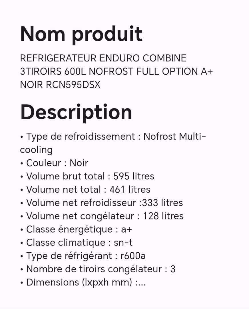 Réfrigérateur ENDURO combine 3tiroirs 600L NOFROST FULL OPTION A+ noir RCN595DSX Réfrigérateur ENDURO combine 3tiroirs 600L NOFROST FULL OPTION A+ noir RCN595DSX