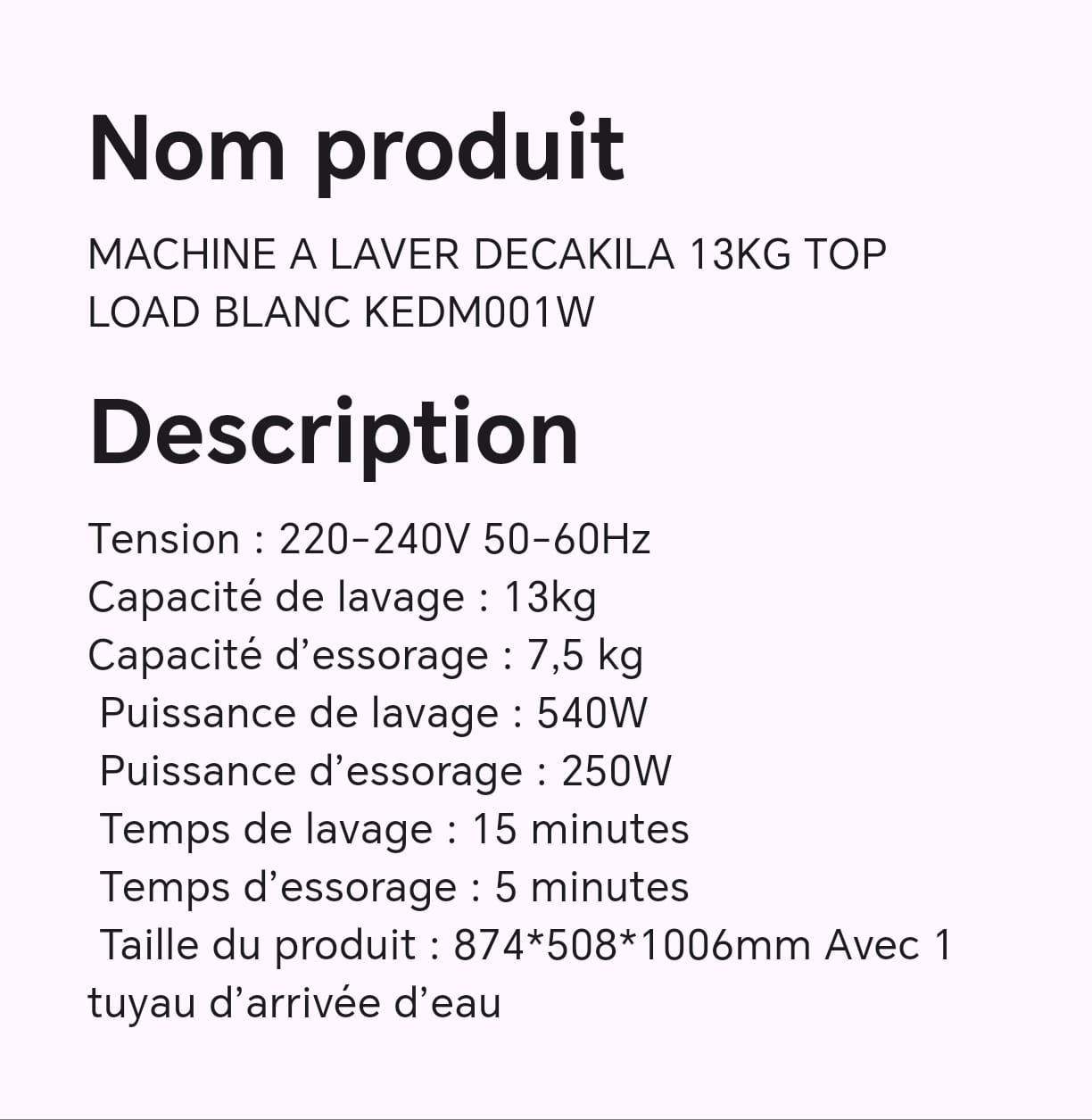 MACHINE A LAVER DECAKILA 13KG TOP LOAD BLANC KEDM001W MACHINE A LAVER DECAKILA 13KG TOP LOAD BLANC KEDM001W