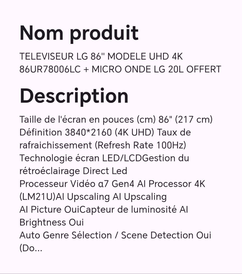 TELEVISEUR LG 86" MODELE UHD 4K 86UR78006LC + MICRO ONDE LG 20L OFFERT TELEVISEUR LG 86" MODELE UHD 4K 86UR78006LC + MICRO ONDE LG 20L OFFERT