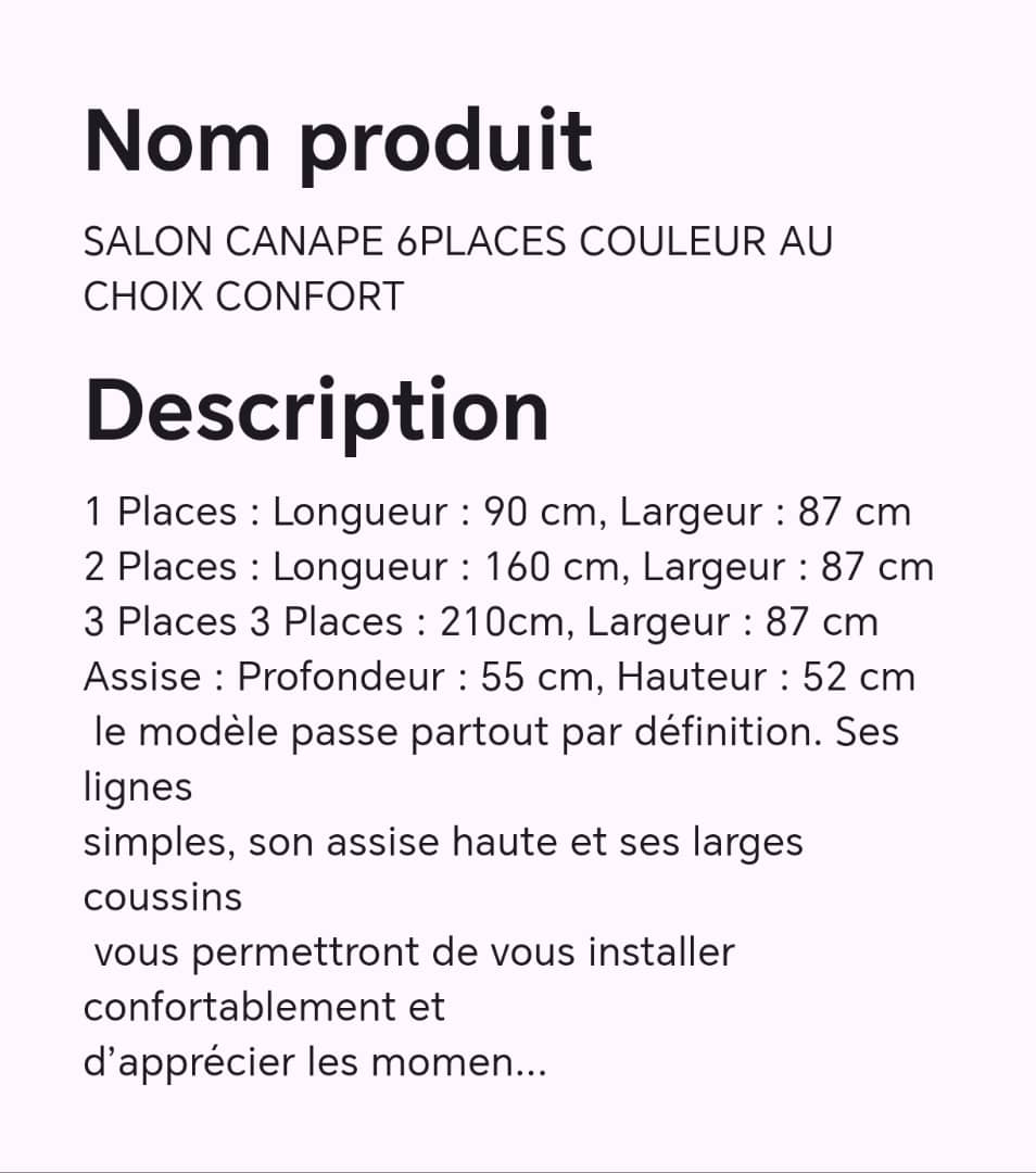 SALON CANAPE 6PLACES COULEUR AU CHOIX CONFORT SALON CANAPE 6PLACES COULEUR AU CHOIX CONFORT