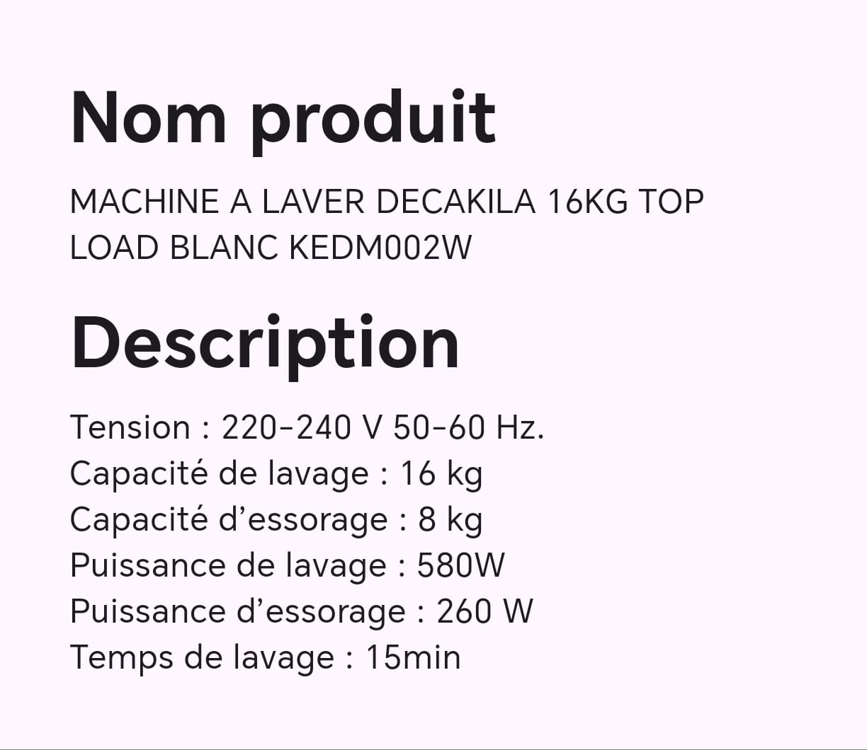 MACHINE A LAVER DECAKILA 16KG TOP LOAD BLANC KEDM002W MACHINE A LAVER DECAKILA 16KG TOP LOAD BLANC KEDM002W