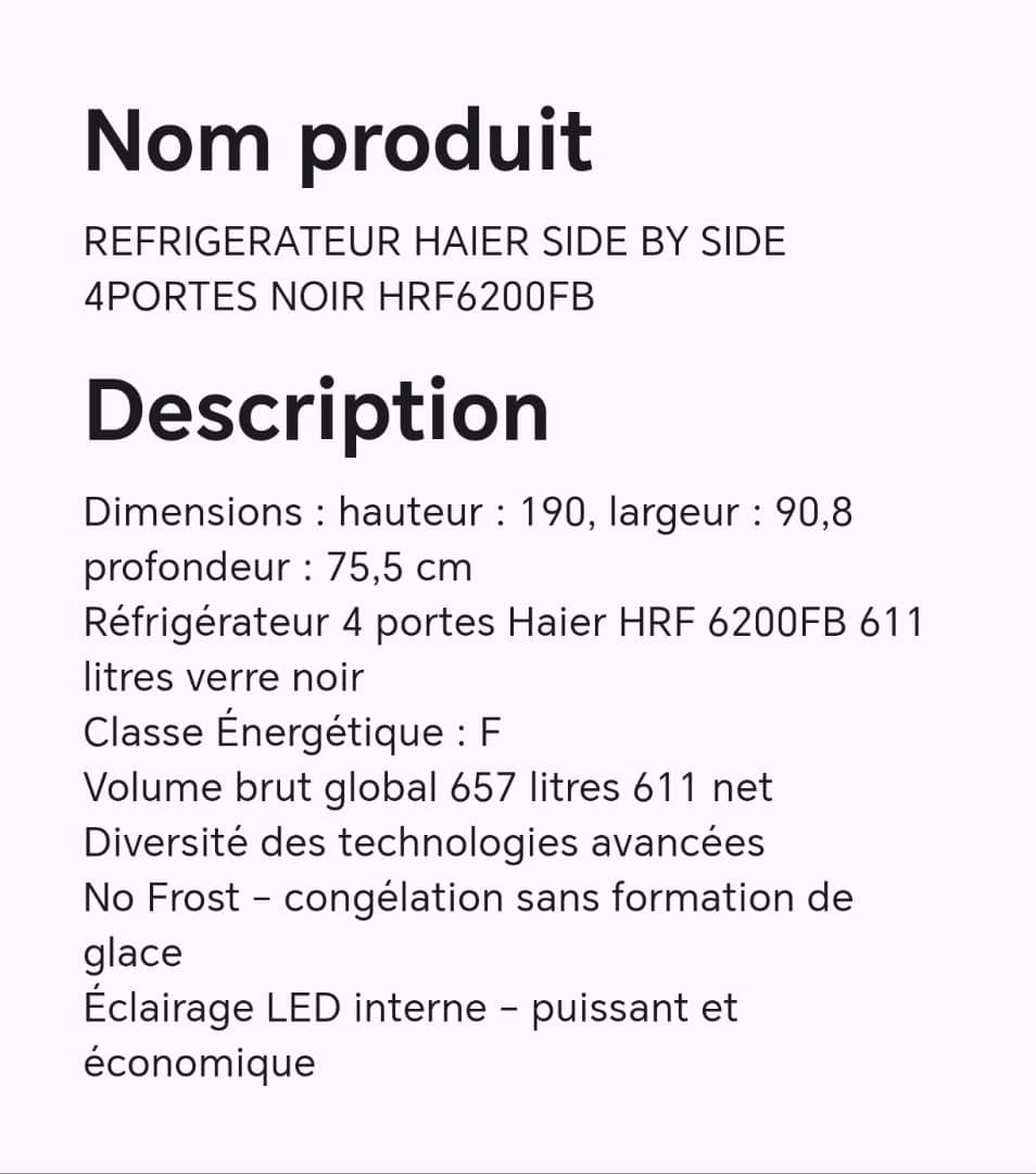 Réfrigérateur HAIER SIDE BY SIDE 4 portes noir HRF6200FB Réfrigérateur HAIER SIDE BY SIDE 4 portes noir HRF6200FB