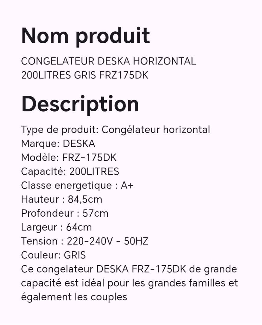 CONGELATEUR DESKA HORIZONTAL 200LITRES GRIS FRZ175DK CONGELATEUR DESKA HORIZONTAL 200LITRES GRIS FRZ175DK