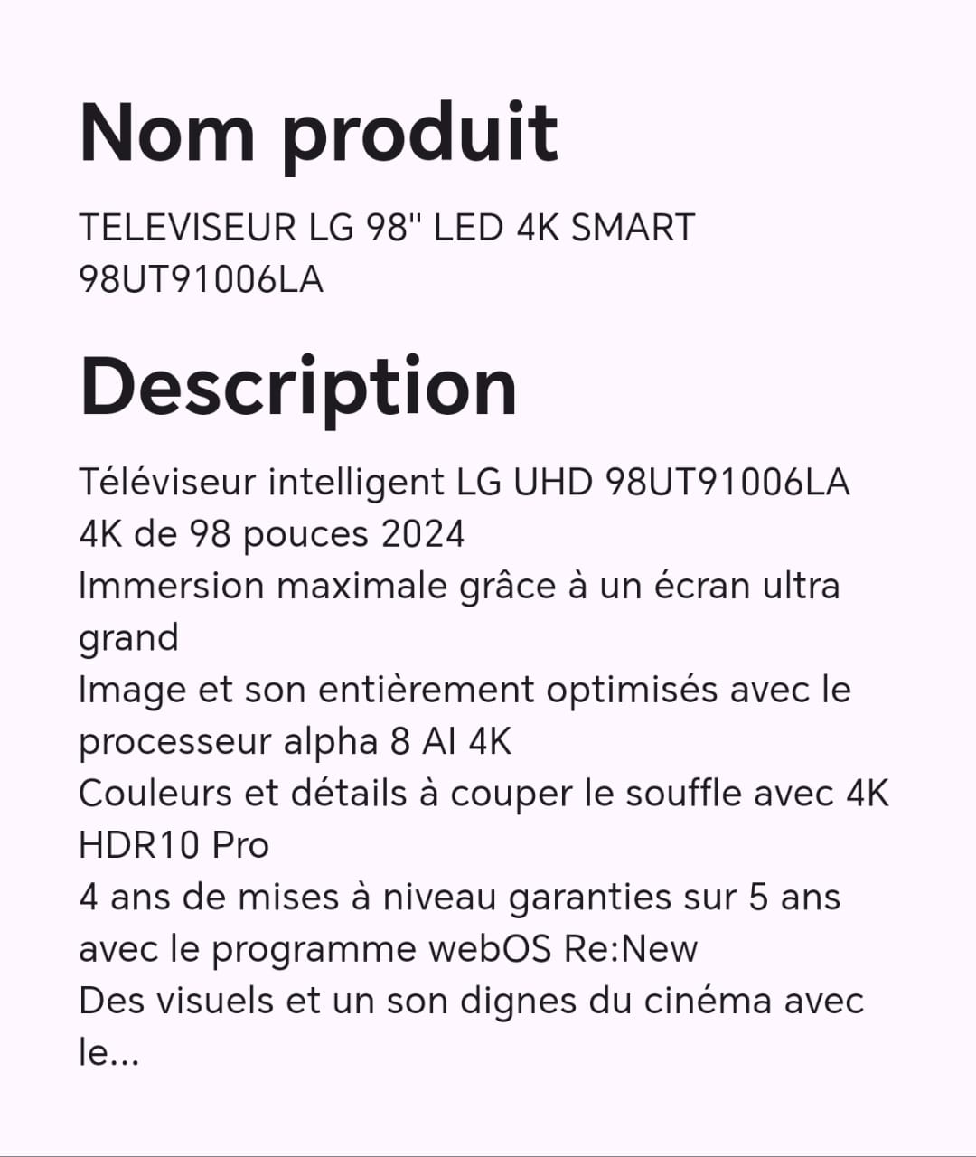 TELEVISEUR LG 98" LED 4K SMART 98UT91006LA TELEVISEUR LG 98" LED 4K SMART 98UT91006LA