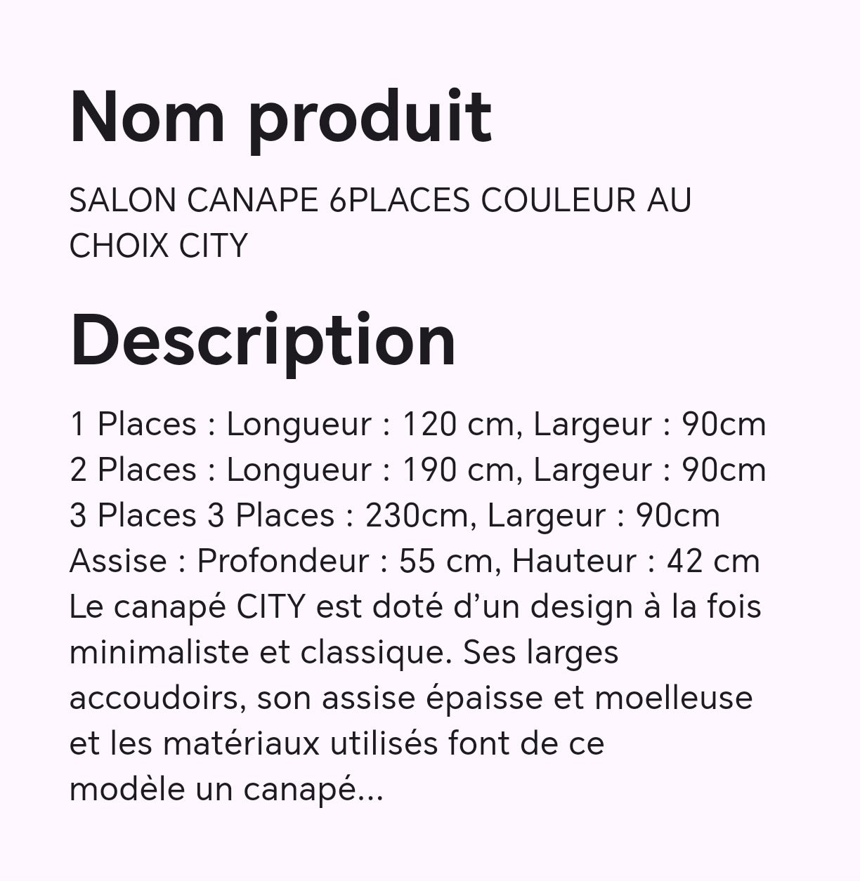 SALON CANAPE 6PLACES COULEUR AU CHOIX CITY SALON CANAPE 6PLACES COULEUR AU CHOIX CITY