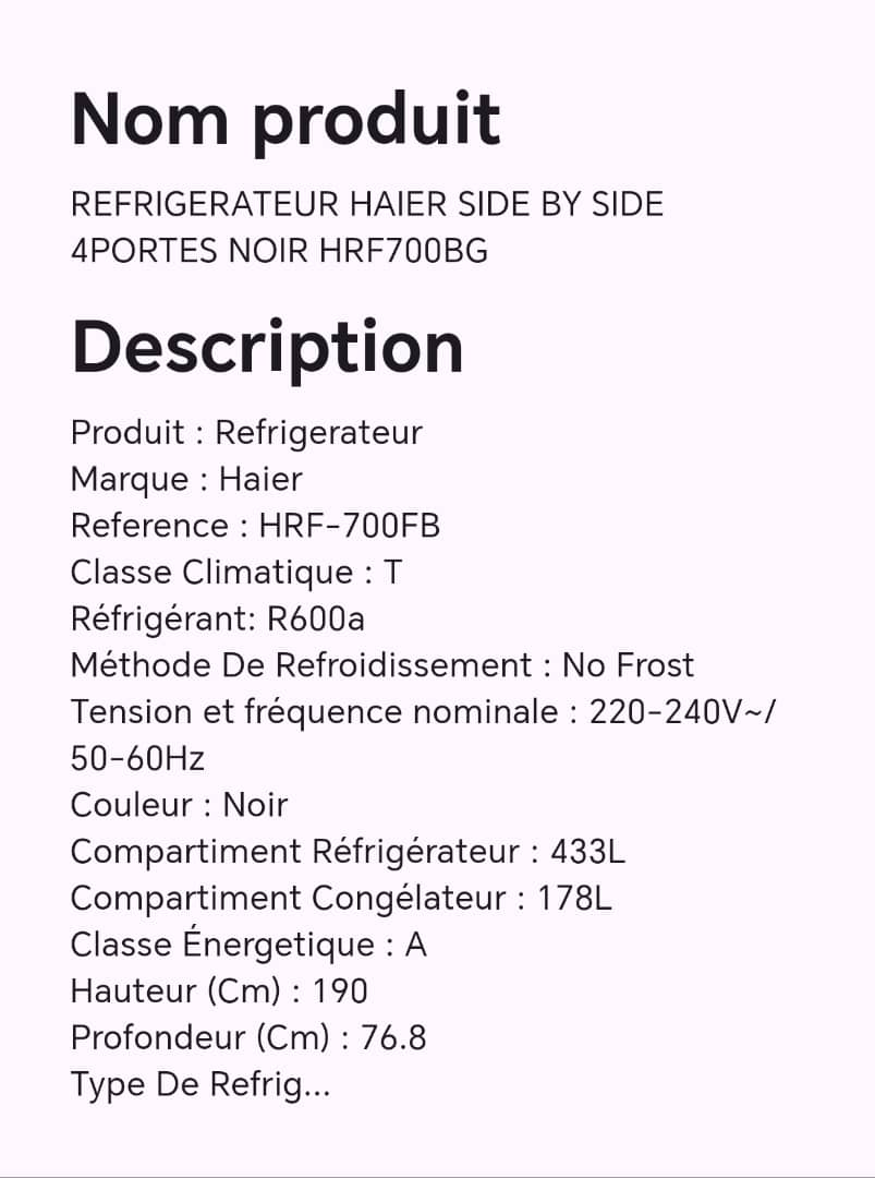 Réfrigérateur HAIER SIDE BY SIDE 4 portes noir HRF700BG Réfrigérateur HAIER SIDE BY SIDE 4 portes noir HRF700BG