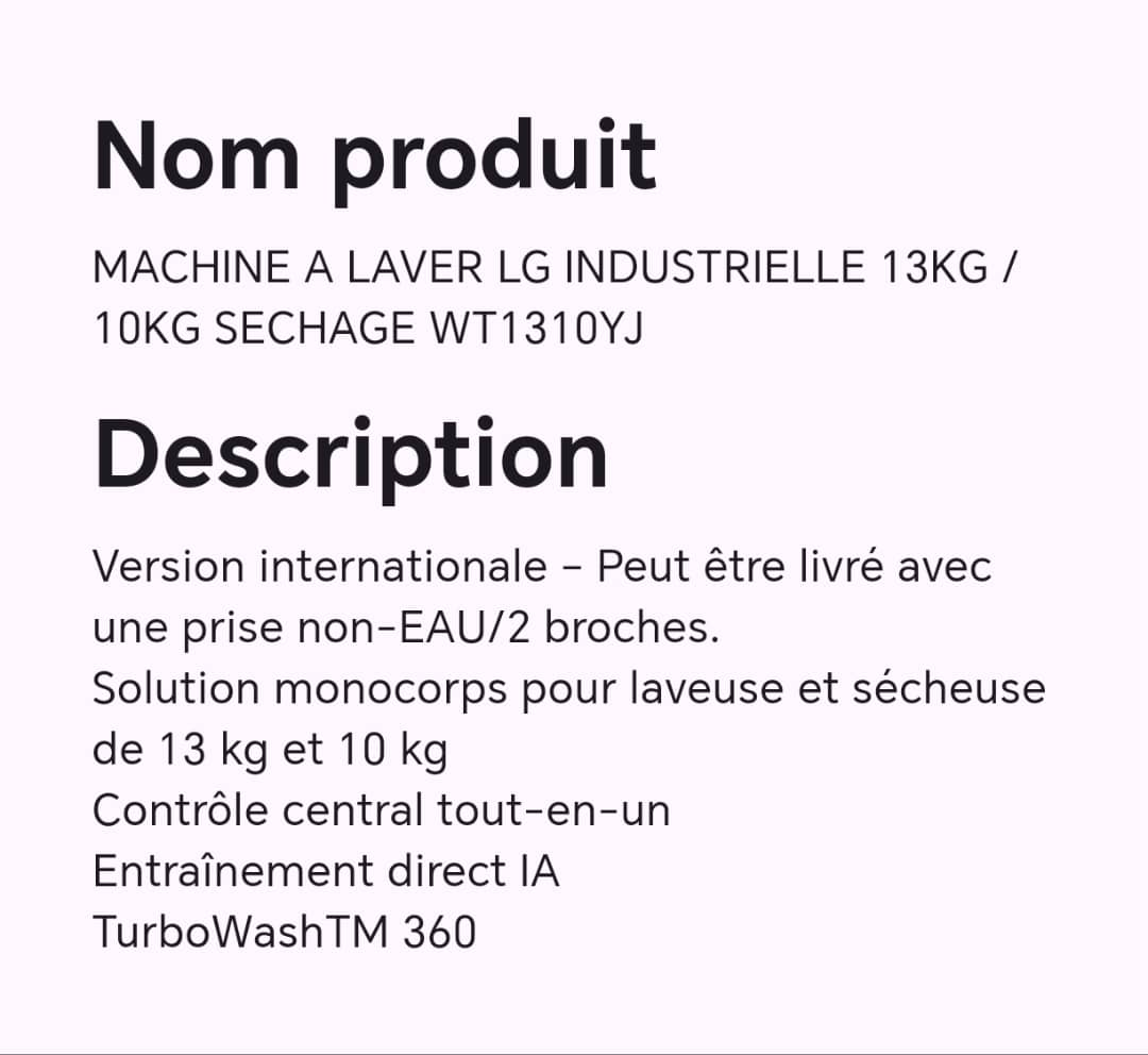MACHINE A LAVER LG INDUSTRIELLE 13KG/10KG SECHAGE WT1310YJ MACHINE A LAVER LG INDUSTRIELLE 13KG/10KG SECHAGE WT1310YJ