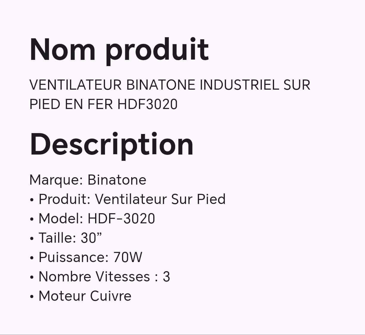 Ventilateur BINATONE industriel sur pied en fer HDF3020 Ventilateur BINATONE industriel sur pied en fer HDF3020