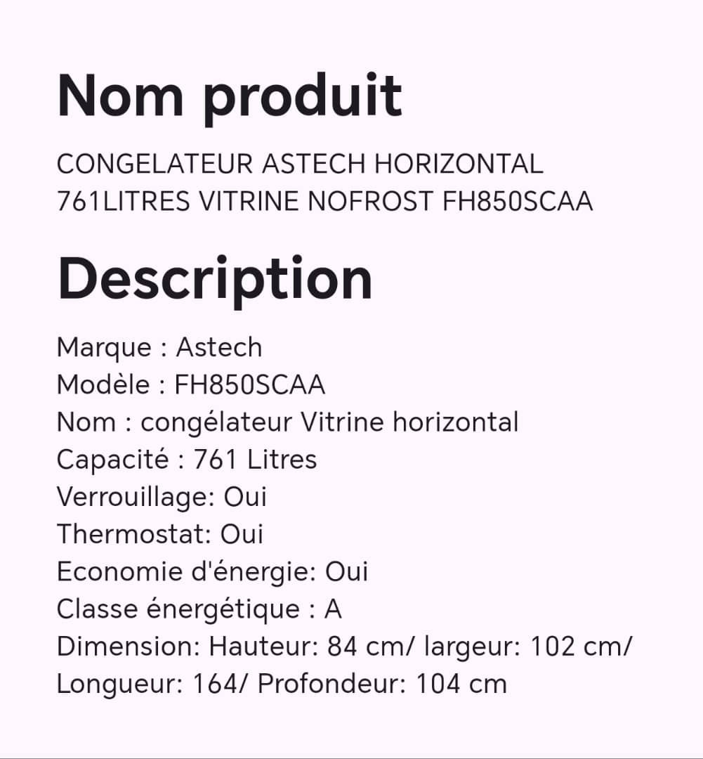 Congélateur ASTECH horizontal 761litres vitrine nofrost FH850SCAA Congélateur ASTECH horizontal 761litres vitrine nofrost FH850SCAA