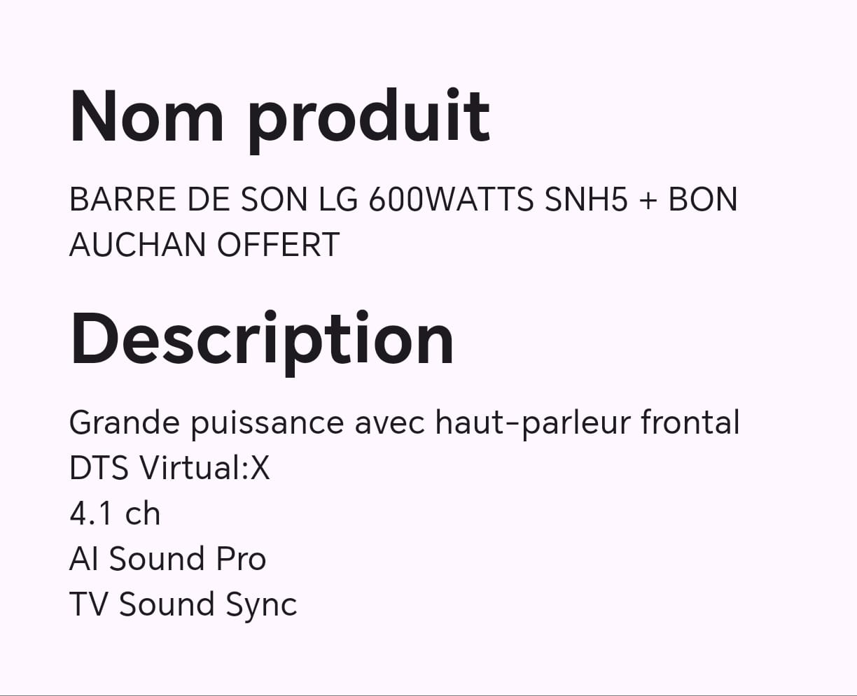 BARRE SE SON LG 600WATTS SNH5 + BON AUCHAN OFFERT BARRE SE SON LG 600WATTS SNH5 + BON AUCHAN OFFERT