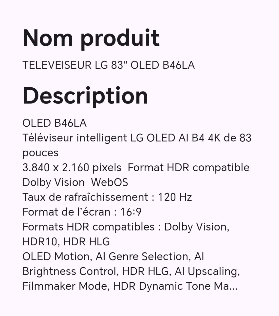 TELEVISEUR LG 83" OLED B46LA TELEVISEUR LG 83" OLED B46LA