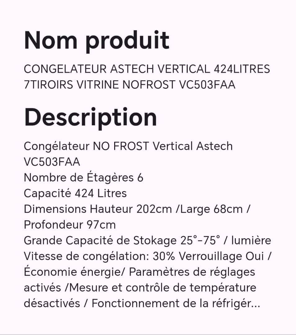Congélateur ASTECH vertical 424litres 7tiroirs vitrine nofrost VC503FAA Congélateur ASTECH vertical 424litres 7tiroirs vitrine nofrost VC503FAA