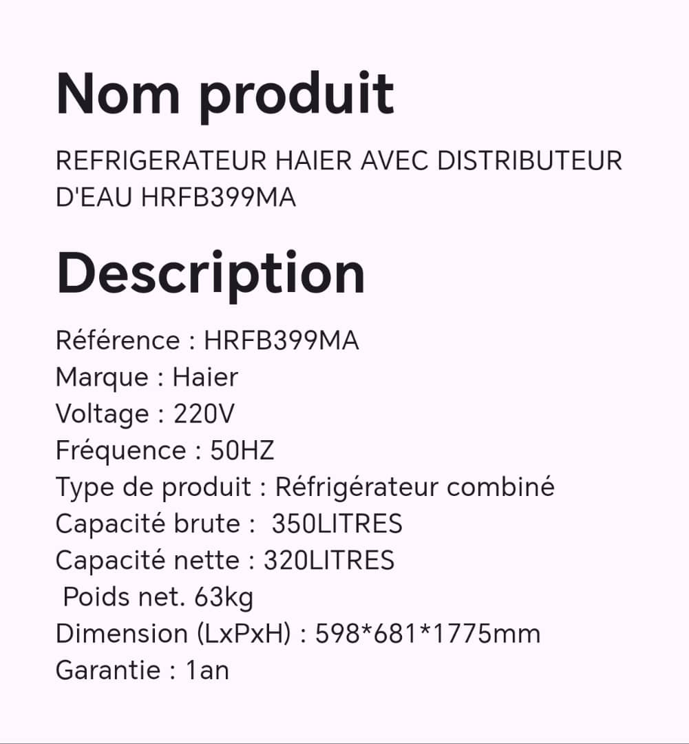 Réfrigérateur HAIER avec distributeur d'eau HRFB399MA Réfrigérateur HAIER avec distributeur d'eau HRFB399MA