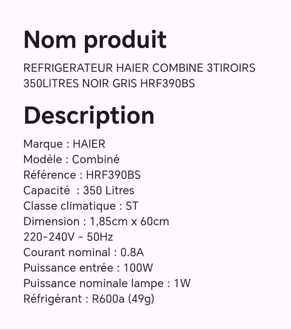 Réfrigérateur HAIER combine 3tiroirs 350 litres noir gris HRF390BS Réfrigérateur HAIER combine 3tiroirs 350 litres noir gris HRF390BS
