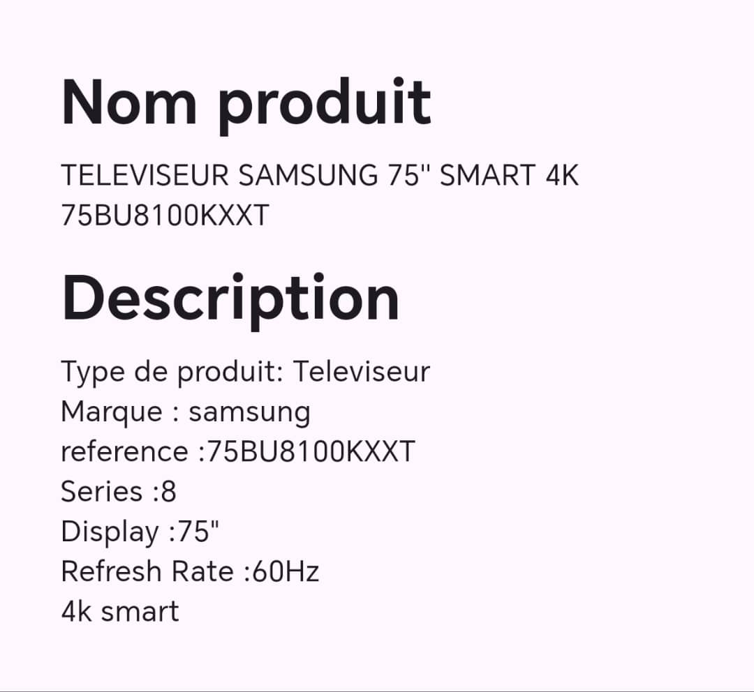 Téléviseur SAMSUNG 75" smart 4K 75BU8100KXXT Téléviseur SAMSUNG 75" smart 4K 75BU8100KXXT