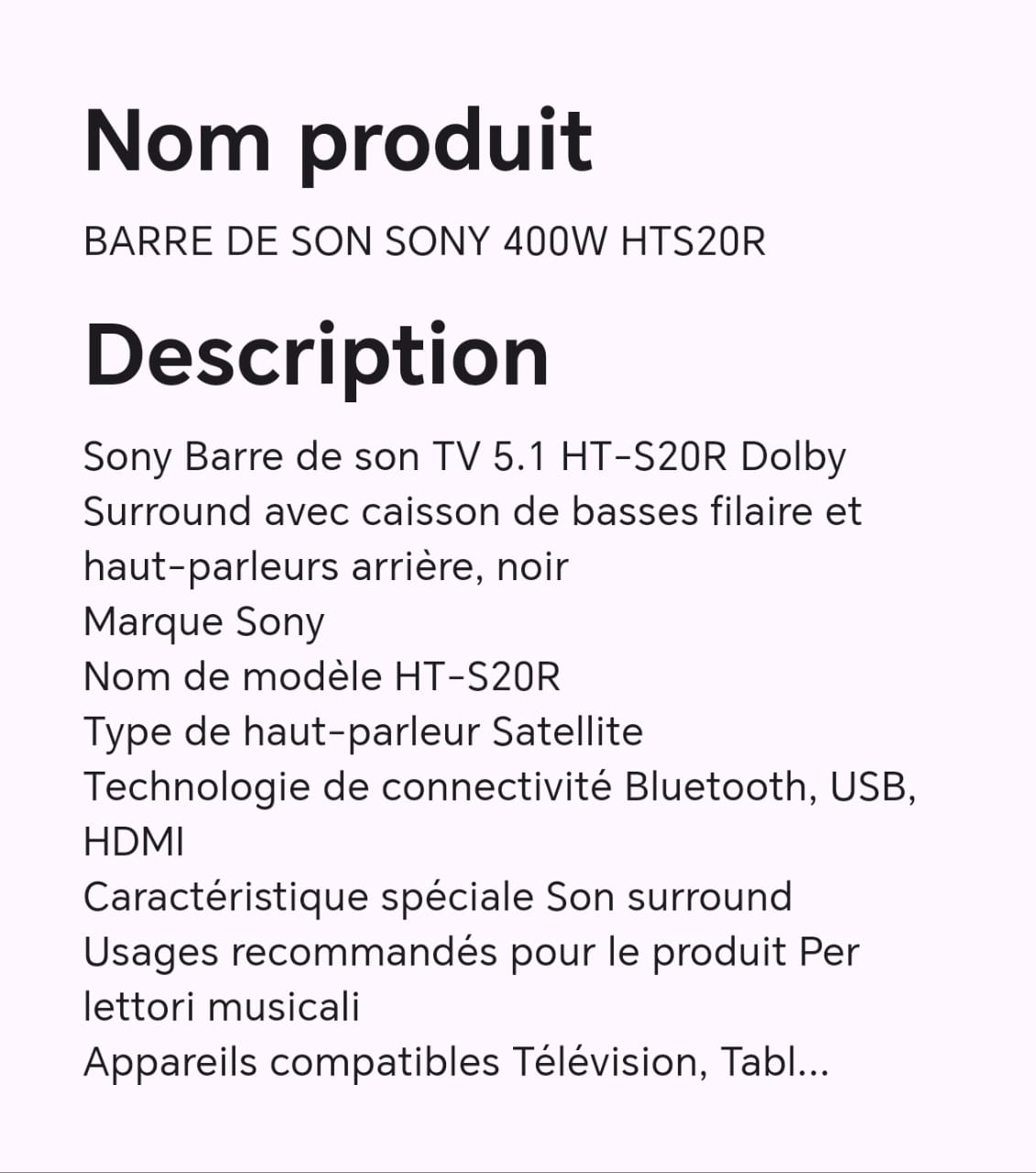 BARRE DE SON SONY 400W HTS20R BARRE DE SON SONY 400W HTS20R