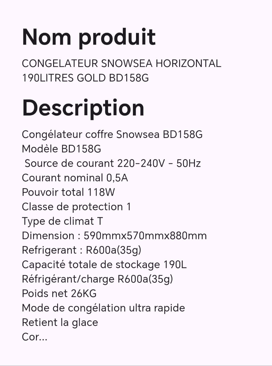 CONGELATEUR SNOWSEA HORIZONTAL 190LITRES GOLD BD158G CONGELATEUR SNOWSEA HORIZONTAL 190LITRES GOLD BD158G