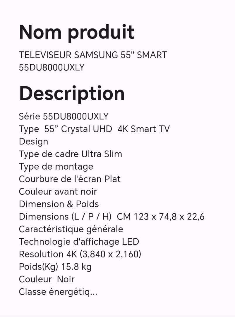 TELEVISEUR SAMSUNG 55" 55DU8000XLY TELEVISEUR SAMSUNG 55" 55DU8000XLY