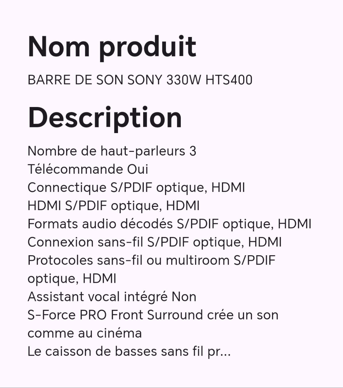 BARRE DE SON SONY 330W HTS400 BARRE DE SON SONY 330W HTS400