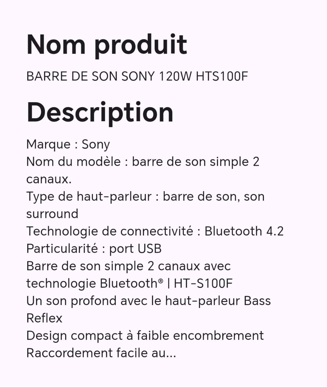 BARRE DE SON SONY 120W HTS100F BARRE DE SON SONY 120W HTS100F