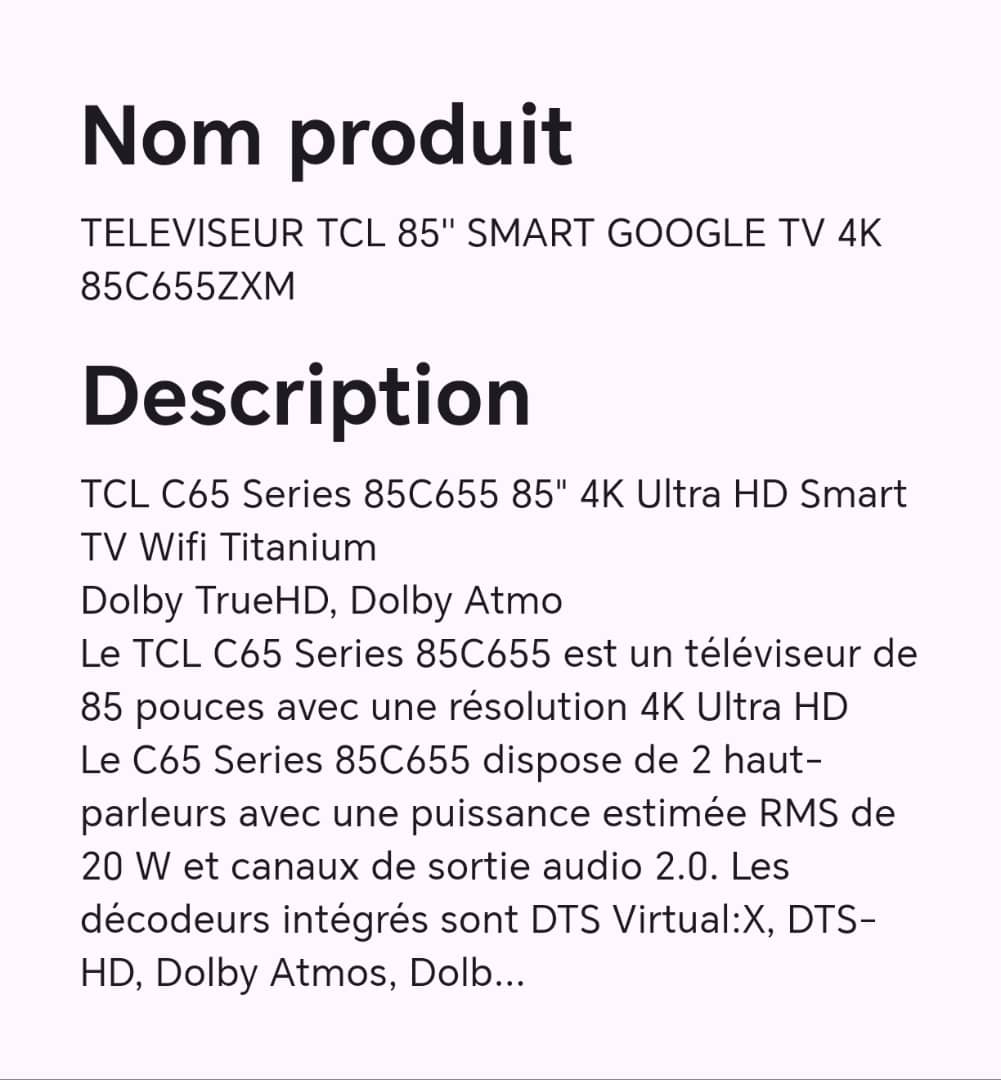 TELEVISEUR TCL 85" SMART GOOGLE TV 4K 85C655ZXM TELEVISEUR TCL 85" SMART GOOGLE TV 4K 85C655ZXM
