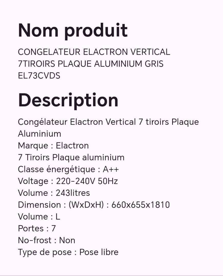 CONGELATEUR ELACTRON VERTICAL 7TIROIRS PLAQUE ALUMINIUM GRIS EL73CVDS CONGELATEUR ELACTRON VERTICAL 7TIROIRS PLAQUE ALUMINIUM GRIS EL73CVDS