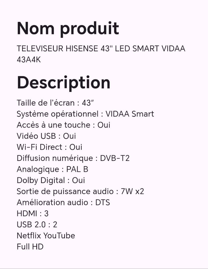 TELEVISEUR HISENSE 43" LED SMART VIDAA 43A4K TELEVISEUR HISENSE 43" LED SMART VIDAA 43A4K