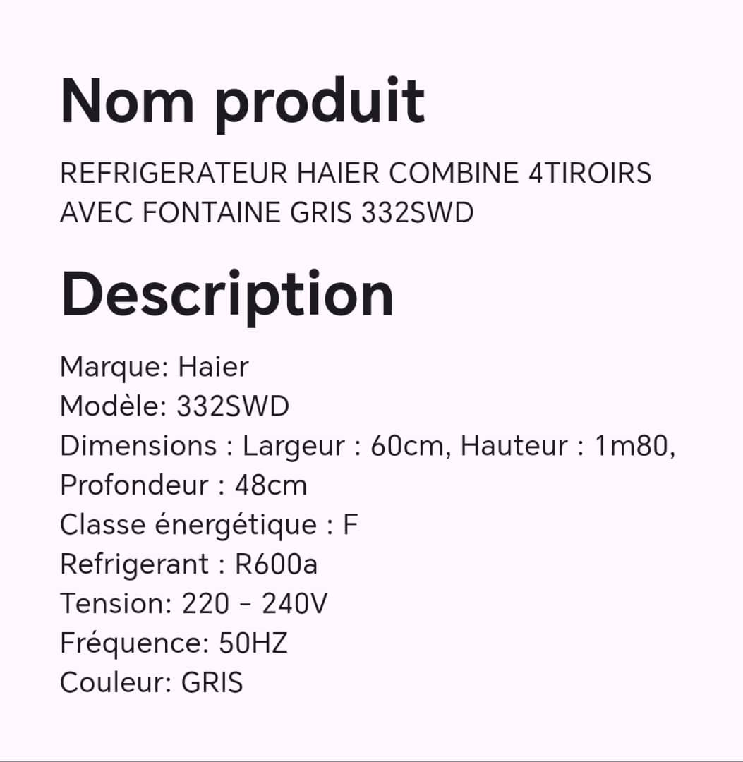 Réfrigérateur HAIER combine 4 tiroirs avec fontaine gris 332SWD Réfrigérateur HAIER combine 4 tiroirs avec fontaine gris 332SWD