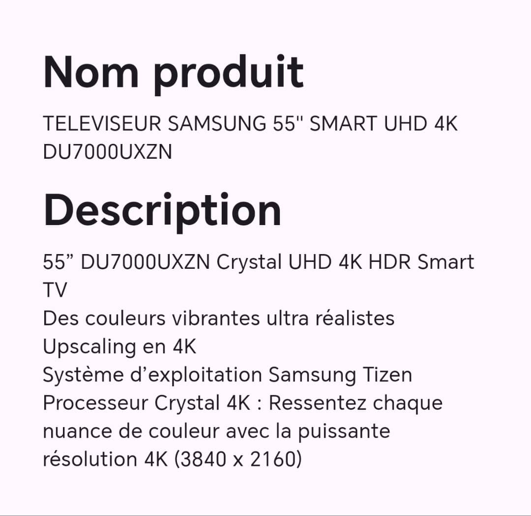 TELEVISEUR SAMSUNG 55" SMART UHD 4K DU7000UXZN TELEVISEUR SAMSUNG 55" SMART UHD 4K DU7000UXZN