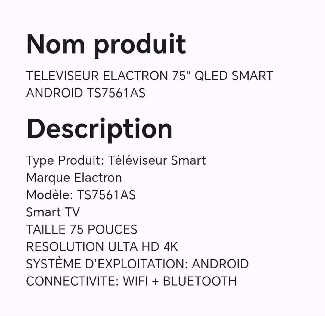 TELEVISEUR ELACTRON 75" QLED SMART ANDROID TS7561AS TELEVISEUR ELACTRON 75" QLED SMART ANDROID TS7561AS