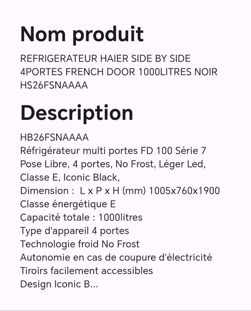 Réfrigérateur HAIER SIDE BY SIDE 4portes french door 1000litres noir HS26FSNAAAA Réfrigérateur HAIER SIDE BY SIDE 4portes french door 1000litres noir HS26FSNAAAA