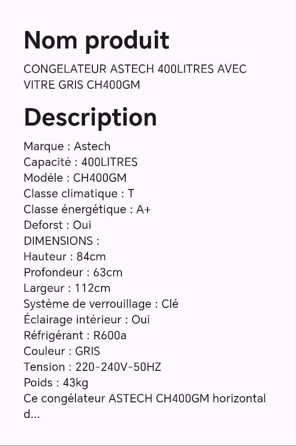 CONGELATEUR ASTECH 400LITRES AVEC VITRE GRIS CH400GM CONGELATEUR ASTECH 400LITRES AVEC VITRE GRIS CH400GM