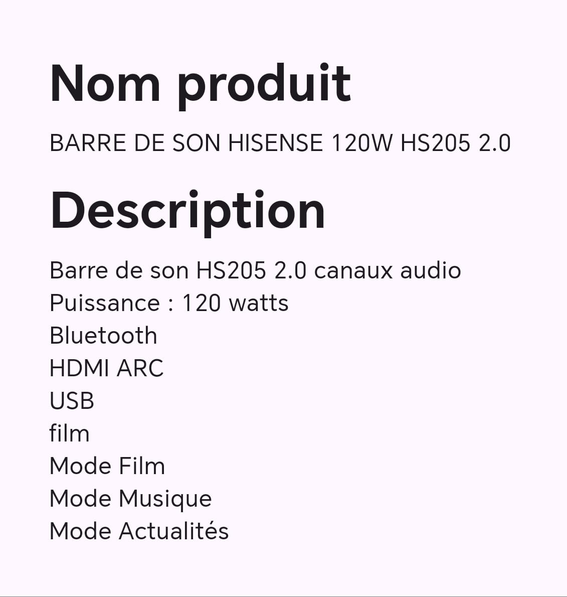 BARRE DE SON HISENSE 120W HS205 2.0 BARRE DE SON HISENSE 120W HS205 2.0