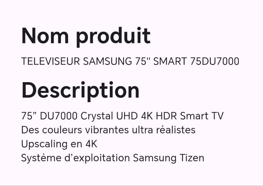 TELEVISEUR SAMSUNG 75" SMART 75DU7000 TELEVISEUR SAMSUNG 75" SMART 75DU7000