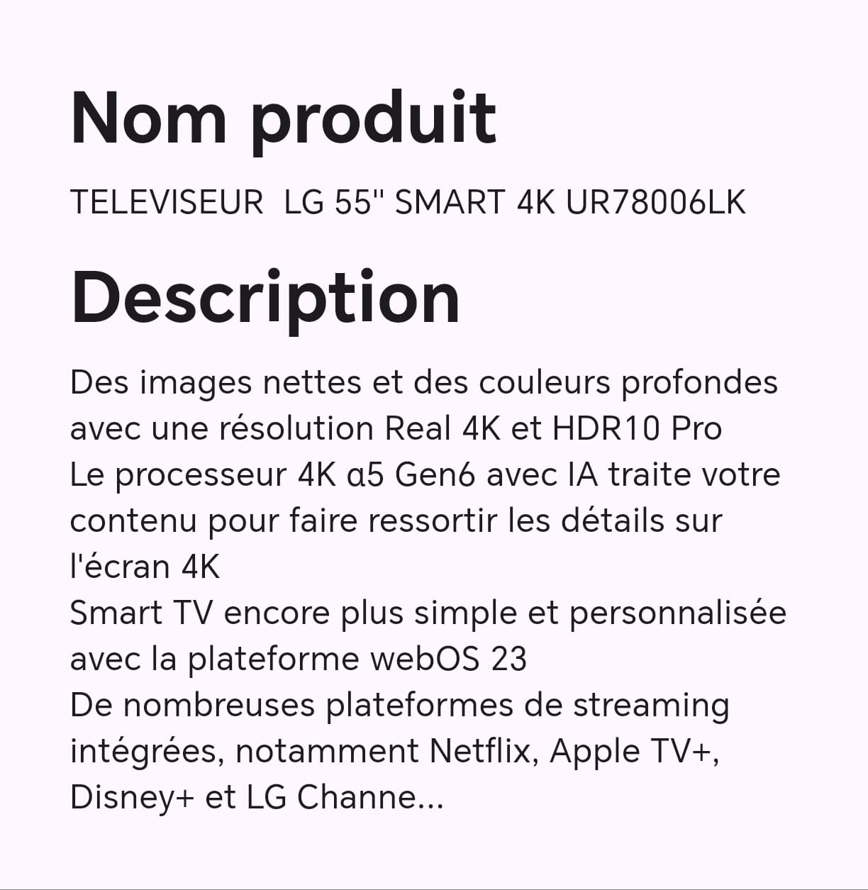 TELEVISEUR LG 55" SMART 4K UR78006LK TELEVISEUR LG 55" SMART 4K UR78006LK