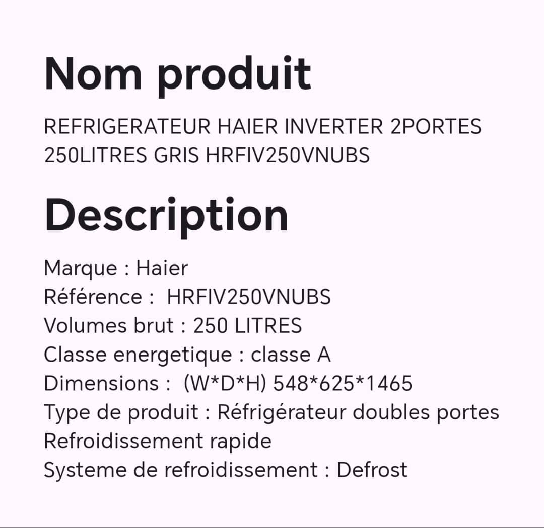 Réfrigérateur HAIER inverter 2 portes 250 litres gris HRFIV250VNUBS Réfrigérateur HAIER inverter 2 portes 250 litres gris HRFIV250VNUBS