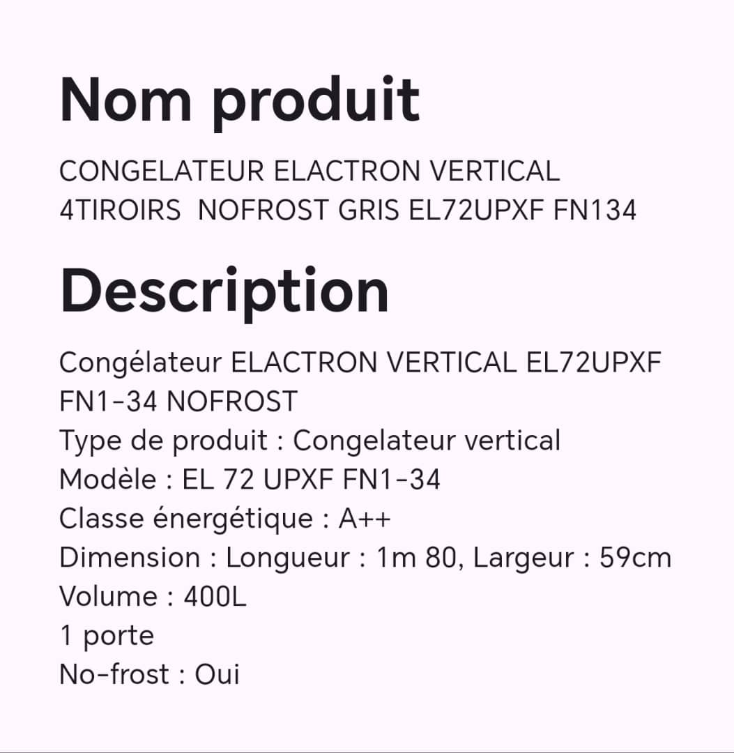 CONGELATEUR ELACTRON VERTICAL 4TIROIRS NOFROST GRIS EL72UPXF FN134 CONGELATEUR ELACTRON VERTICAL 4TIROIRS NOFROST GRIS EL72UPXF FN134