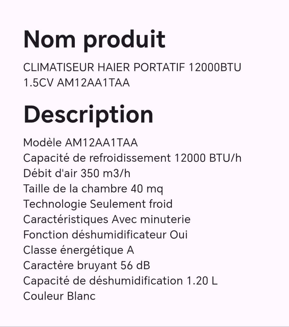 Climatiseur HAIER Portatif 12000BTU 1.5CV AM12AA1TAA Climatiseur HAIER Portatif 12000BTU 1.5CV AM12AA1TAA