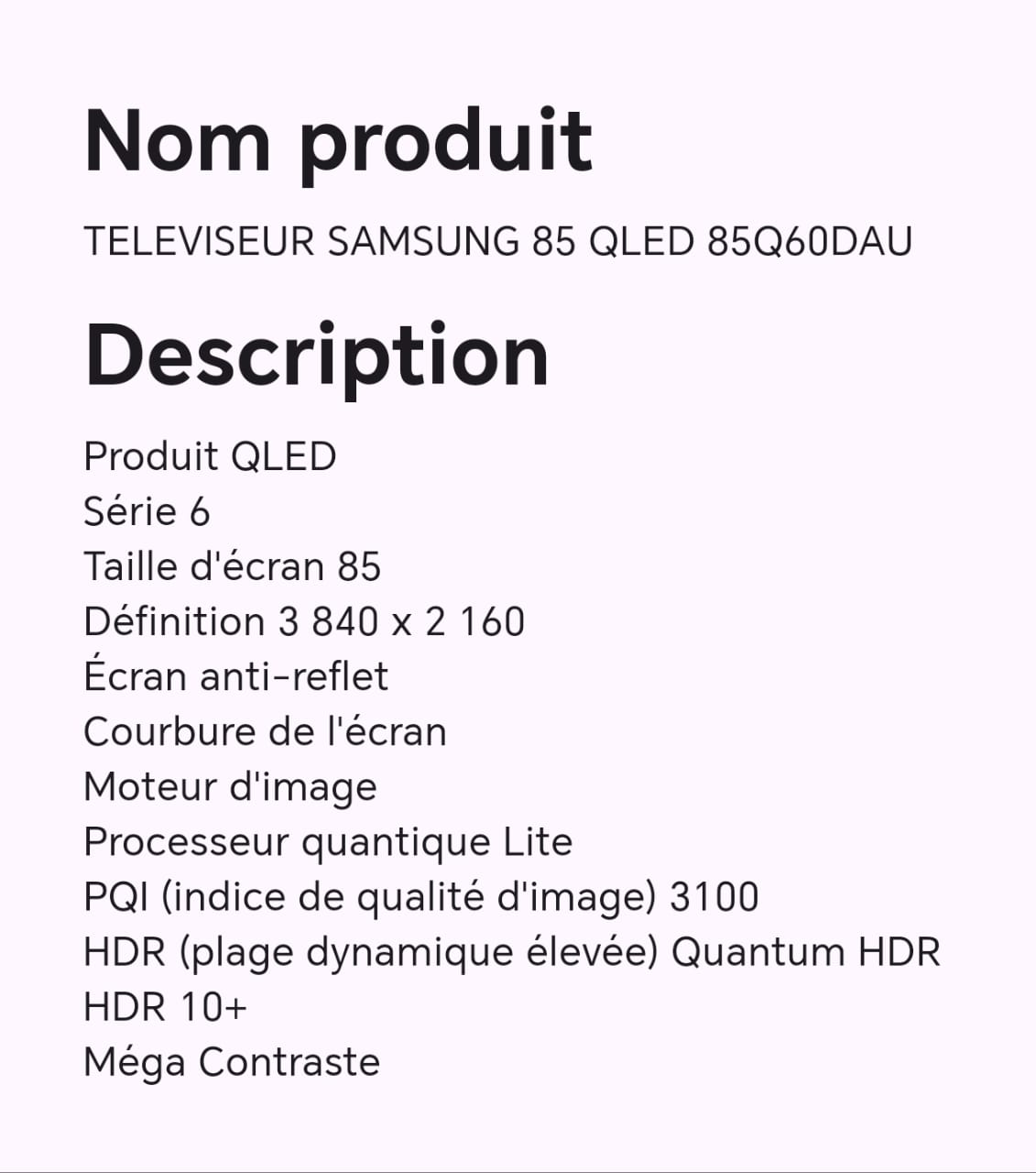 TELEVISEUR SAMSUNG 85" QLED 85Q60DAU TELEVISEUR SAMSUNG 85" QLED 85Q60DAU