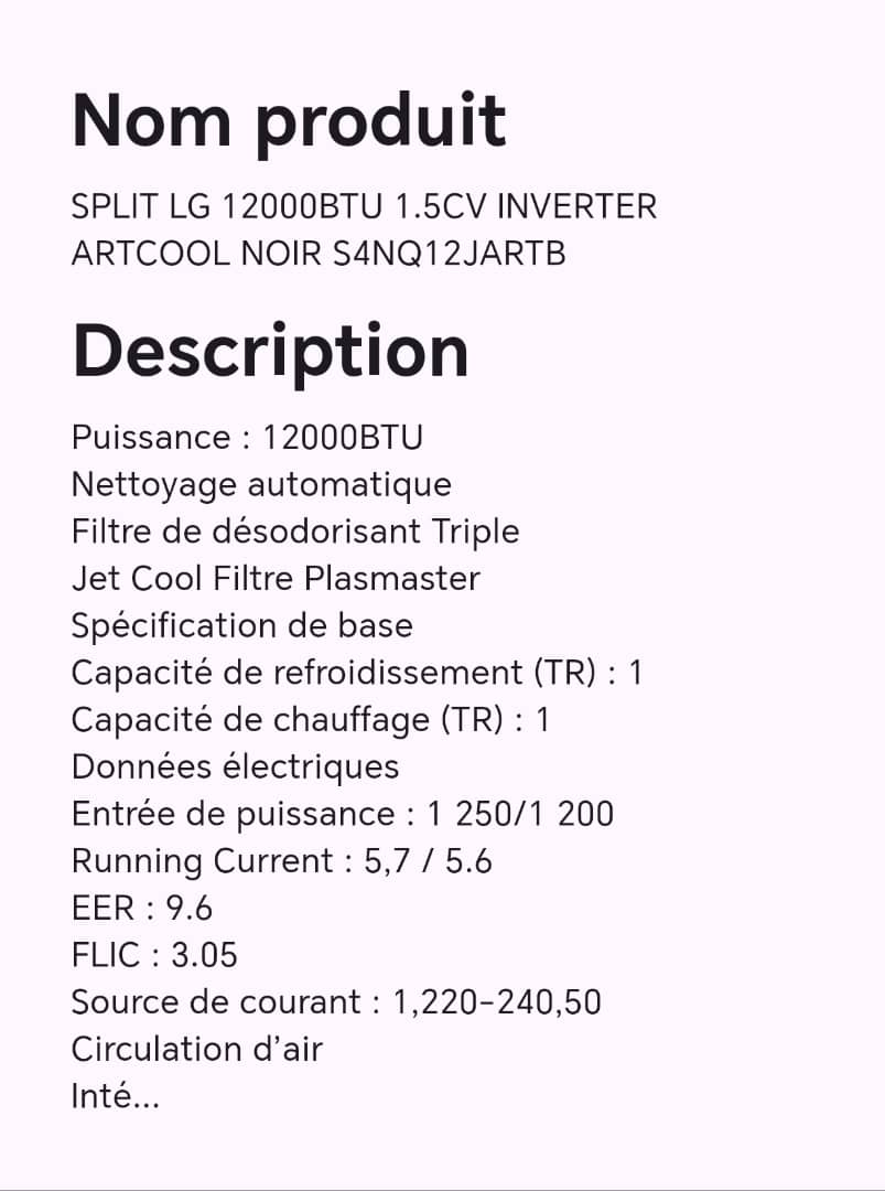 SPLIT LG 12000BTU 1.5CV INVERTER ARTCOOL NOIR S4NQ12JARTB SPLIT LG 12000BTU 1.5CV INVERTER ARTCOOL NOIR S4NQ12JARTB