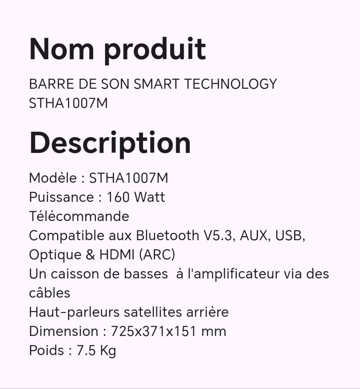 BARRE DE SON SMART TECHNOLOGY STHA1007M BARRE DE SON SMART TECHNOLOGY STHA1007M