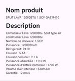 SPLIT LAVA 12000BTU 1.5CV GAZ R410 SPLIT LAVA 12000BTU 1.5CV GAZ R410