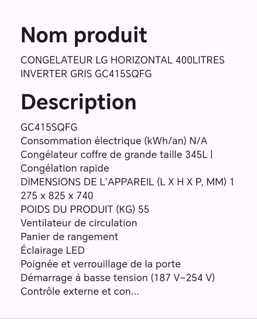 CONGELATEUR LG HORIZONTAL 400LITRES INVERTER GRIS GC415SQFG CONGELATEUR LG HORIZONTAL 400LITRES INVERTER GRIS GC415SQFG