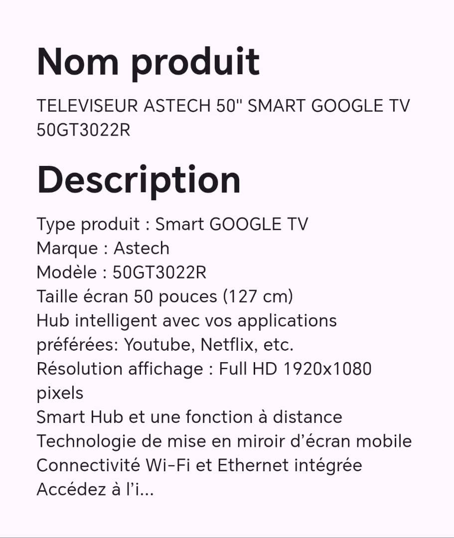 Téléviseur ASTECH 50" smart Google TV 50GT3022R Téléviseur ASTECH 50" smart Google TV 50GT3022R